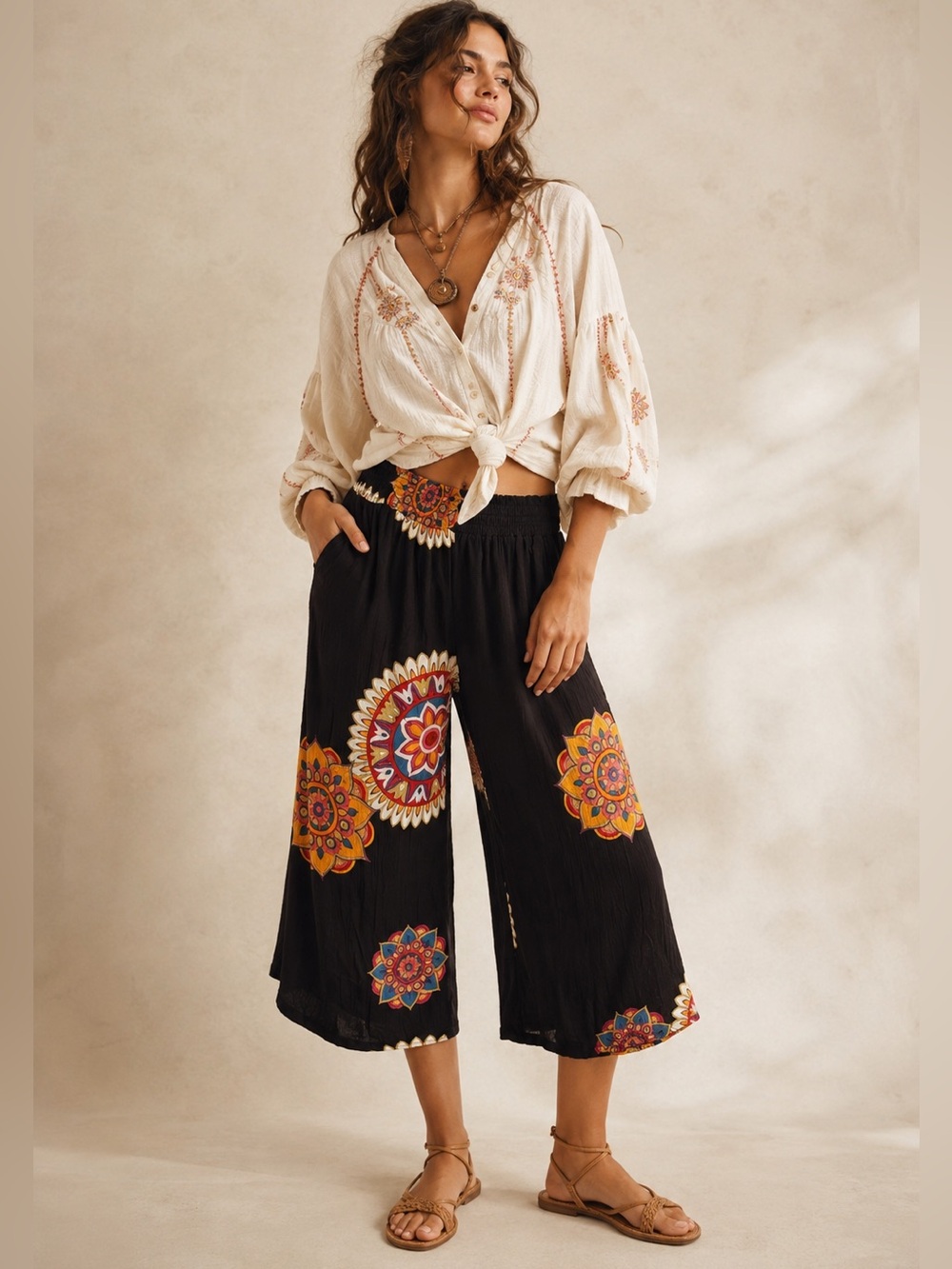 Millenium XL Boho Mandala Wide Leg Cropped Rayon Pants